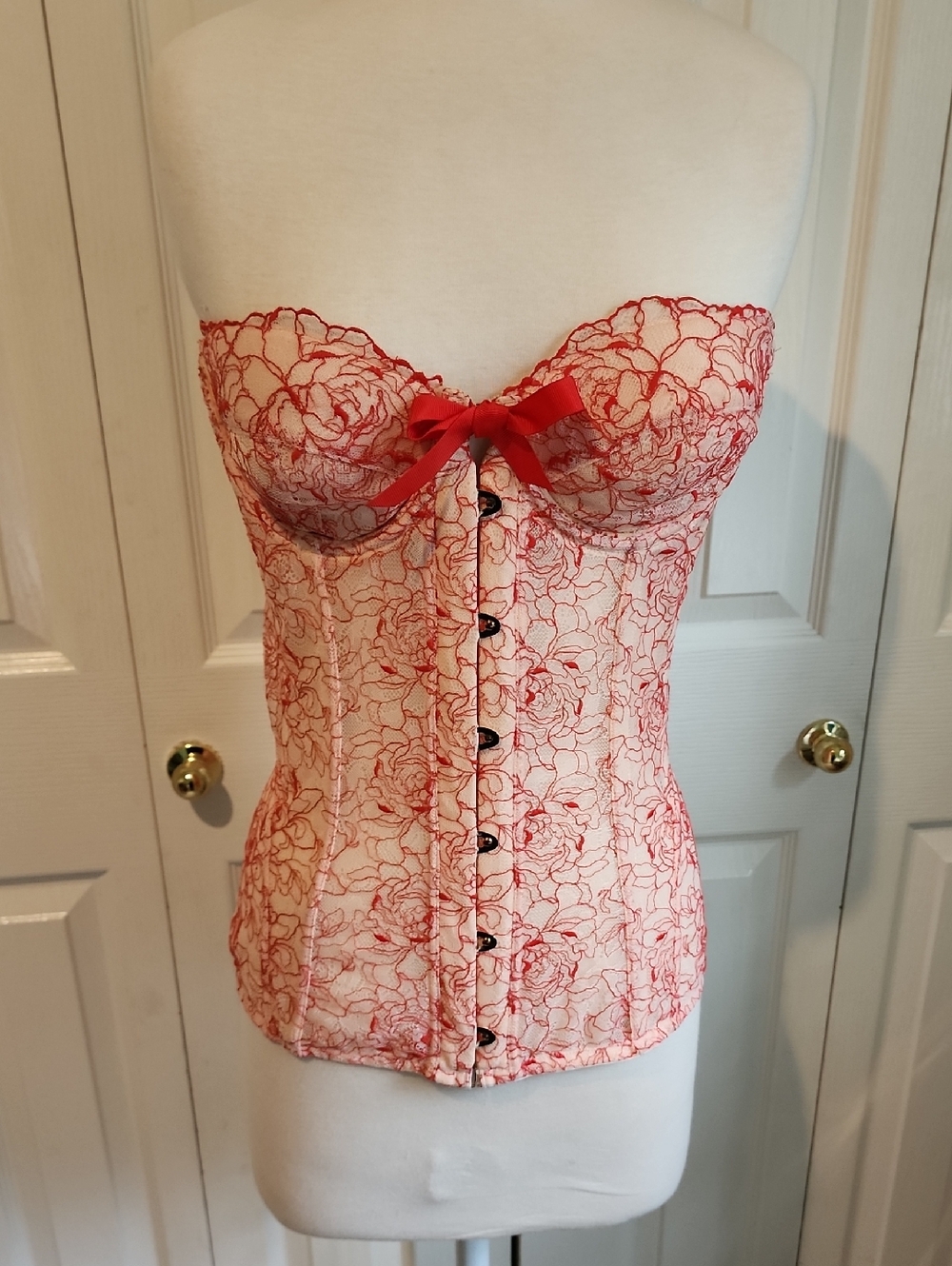 Strapless Lace Corset Top in Red and Cream